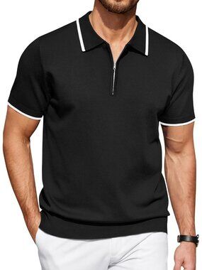 Men's#1-black Zipper Polo Shirt Casual Knit Short Sleeve Classic Fit Tee Style